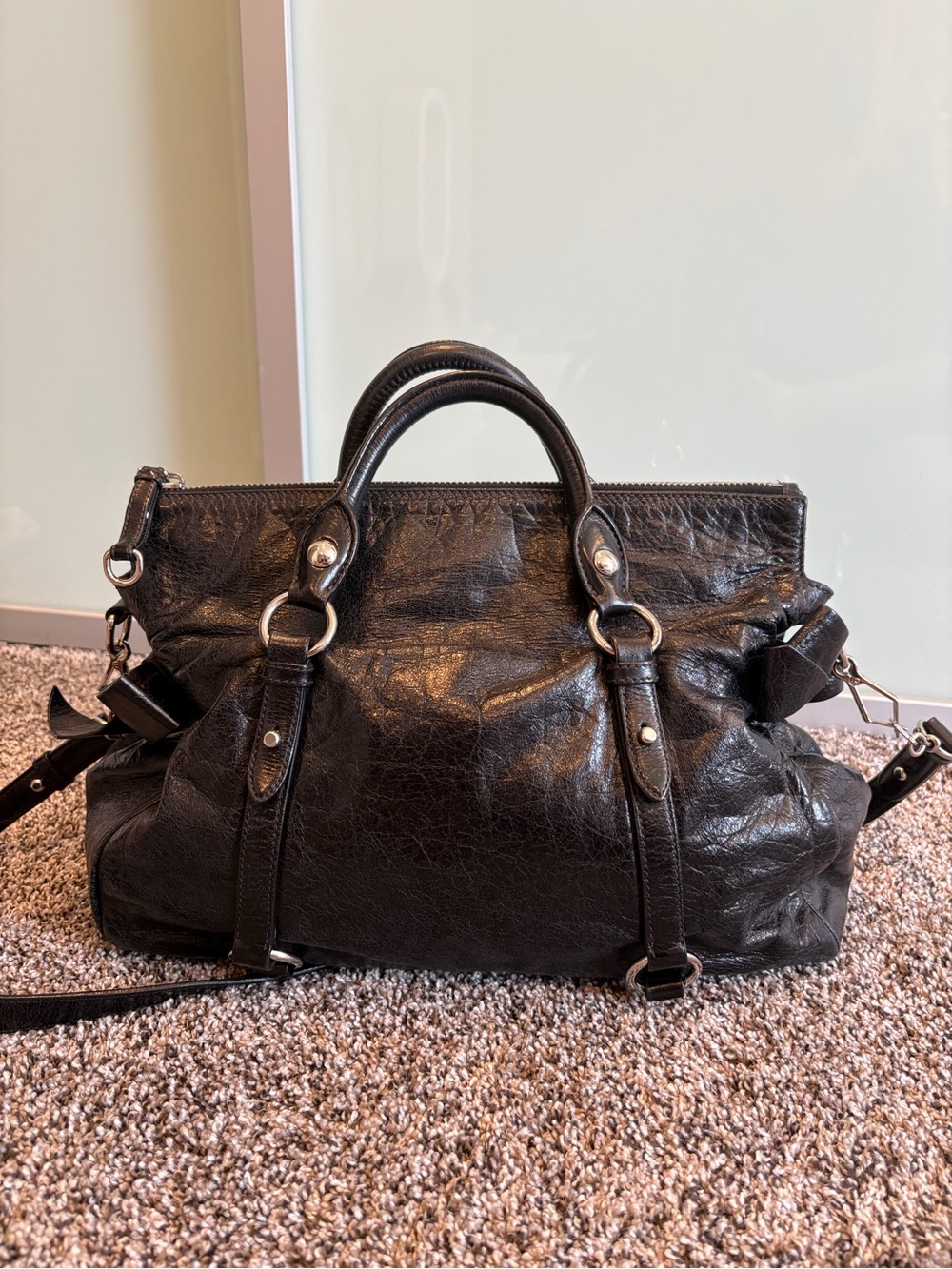 Vintage Miu Miu 2way Aged Black Leather Shoulder Satchel - Picture 2 of 9